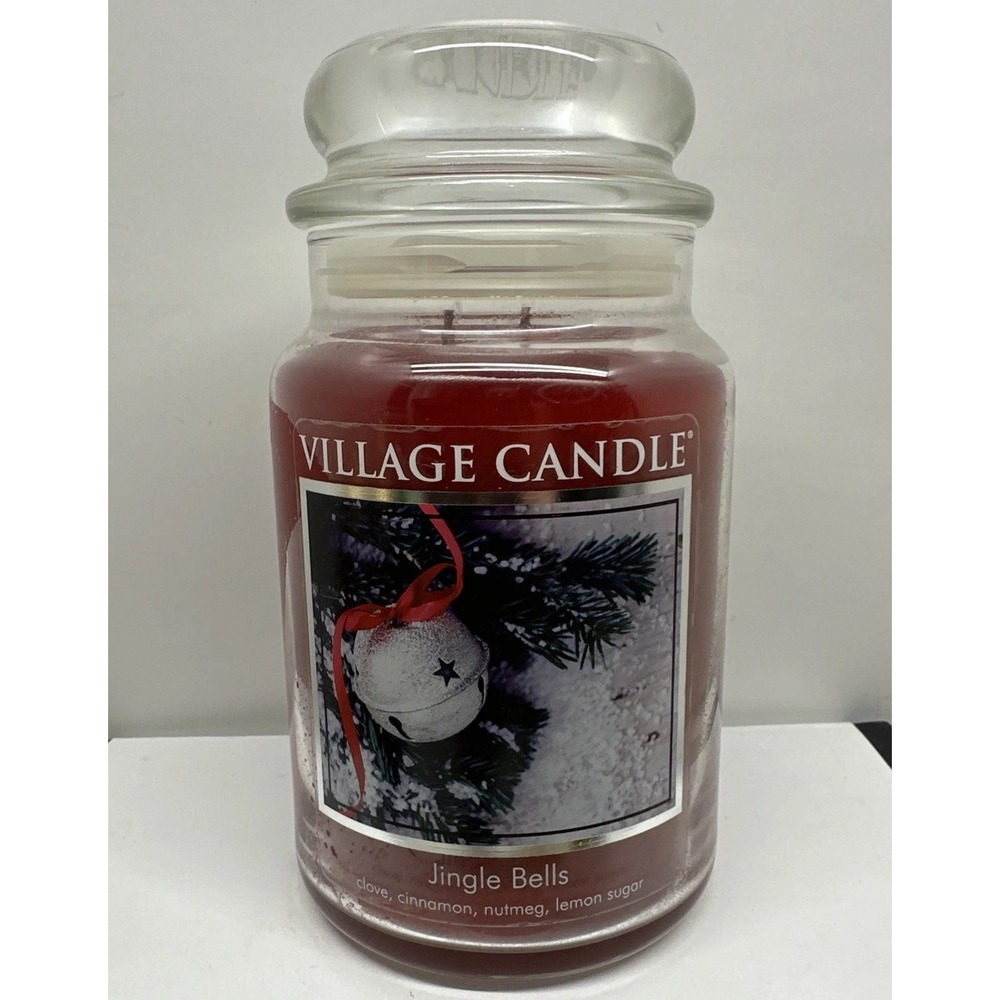 Village Candle JINGLE BELLS Large Glass Jar 26 oz  Christmas Holiday 2 Wick NEW